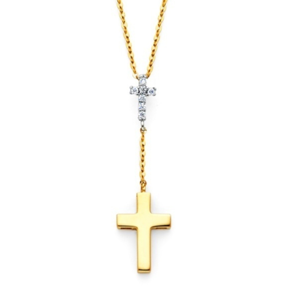 Double Cross CZ Necklace in 14K Two Tone Gold